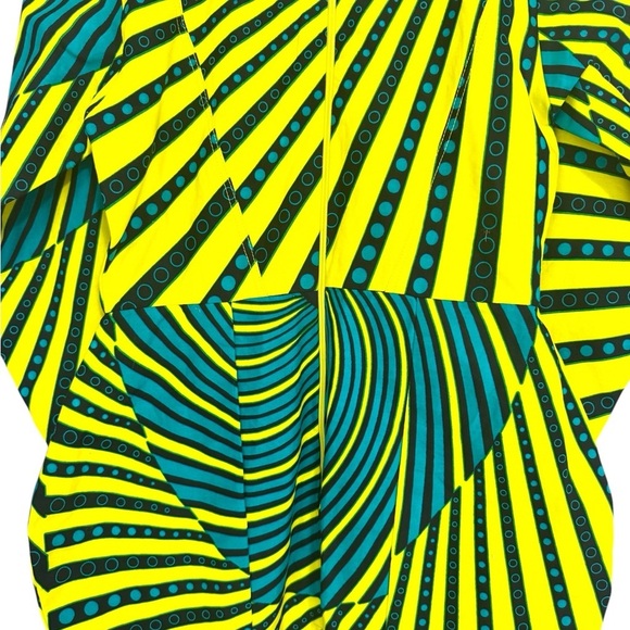 Asymmetrical African Print Yellow & Blue Long Sleeve Dress with Front Cutout - Picture 5 of 9